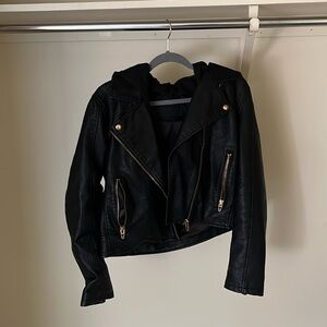 women’s leather jacket with detachable hood